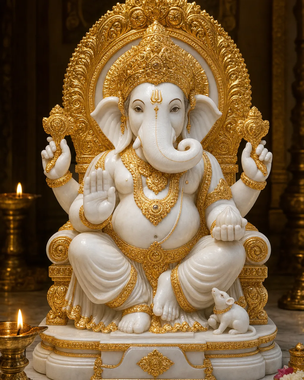 Makrana White Marble Dagdusheth Ganpati with Gold-Leaf Ornaments on Singhasan, 18 in