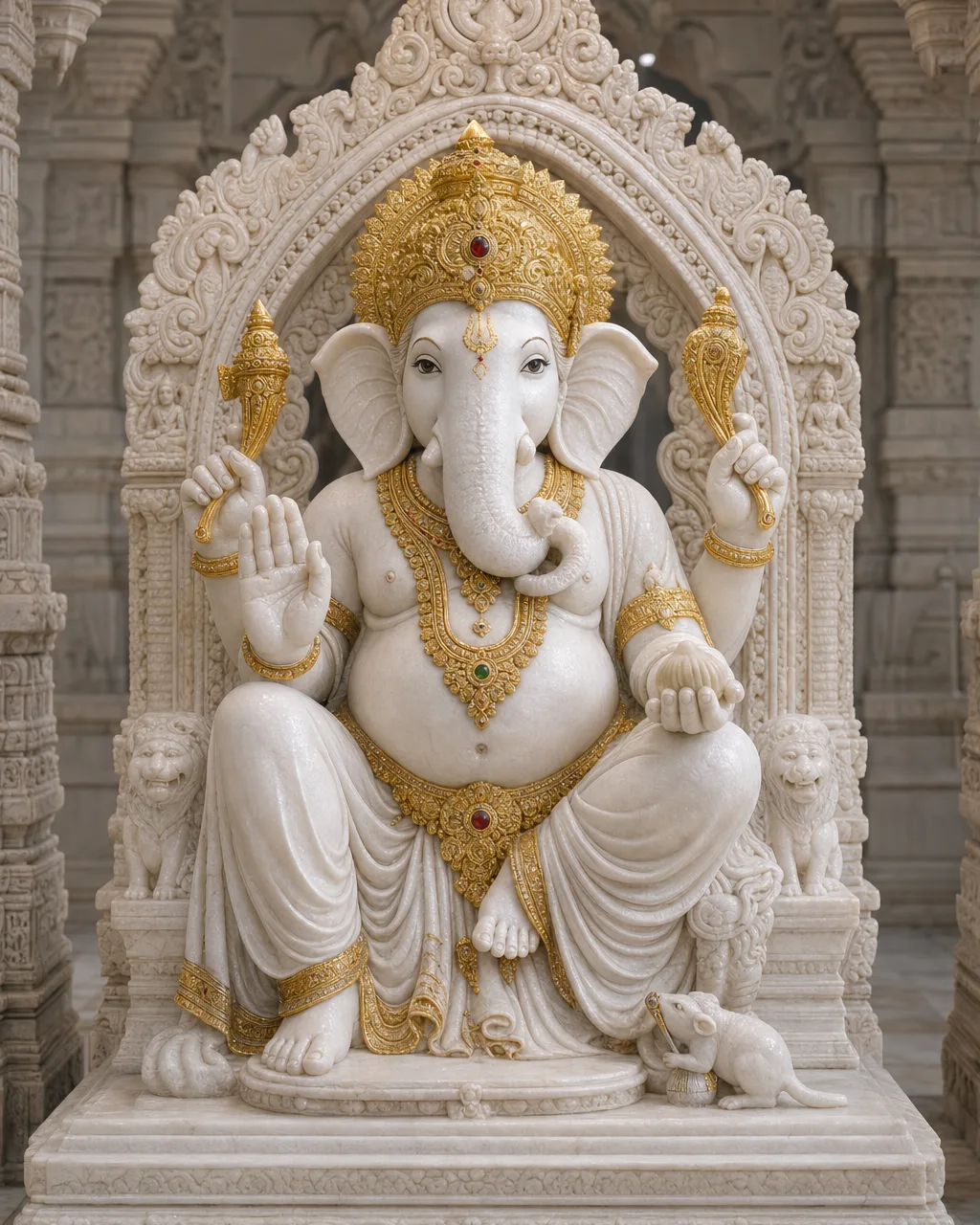 Makrana White Marble Dagdusheth Ganpati on Grand Singhasan with Prabhavali, 4 ft