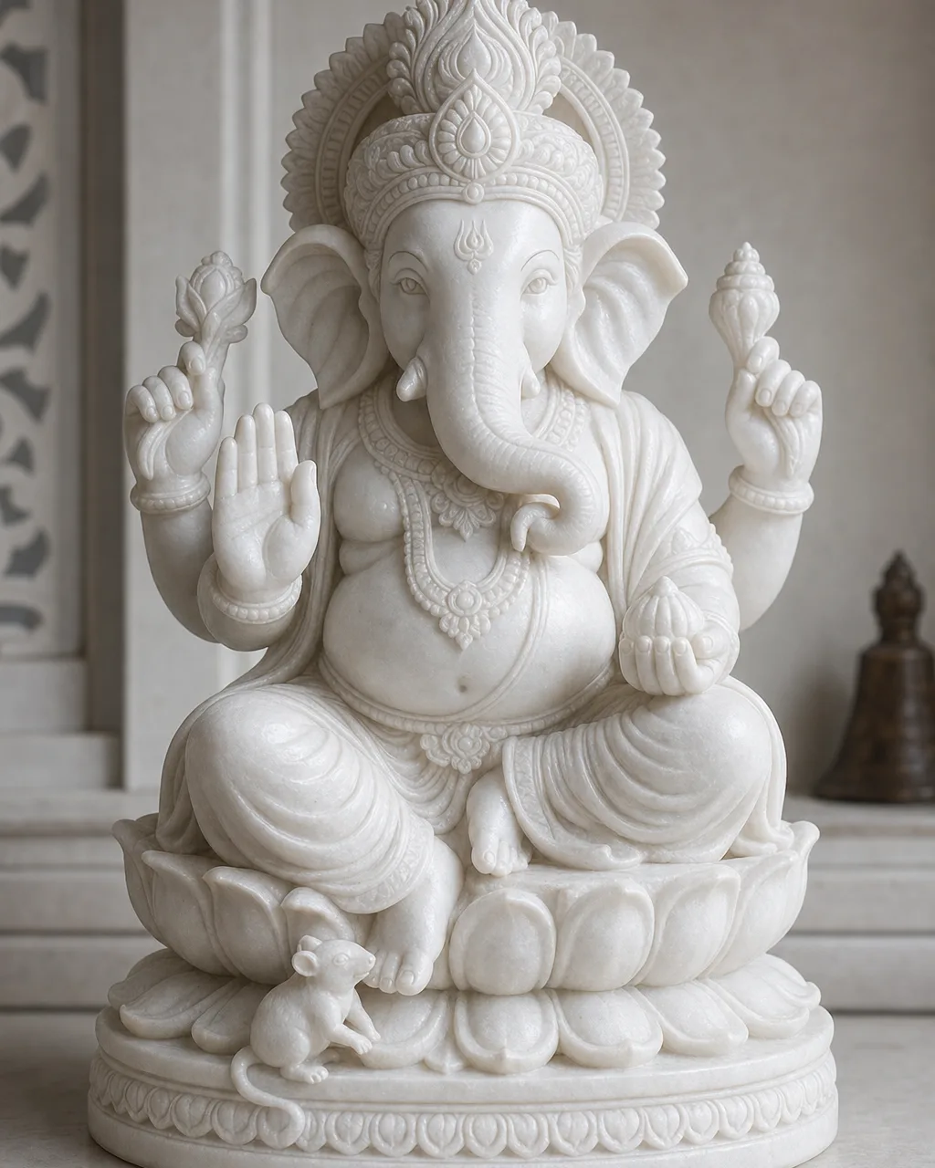Makrana White Marble Dagdusheth Ganpati on Lotus Pedestal, 12 in