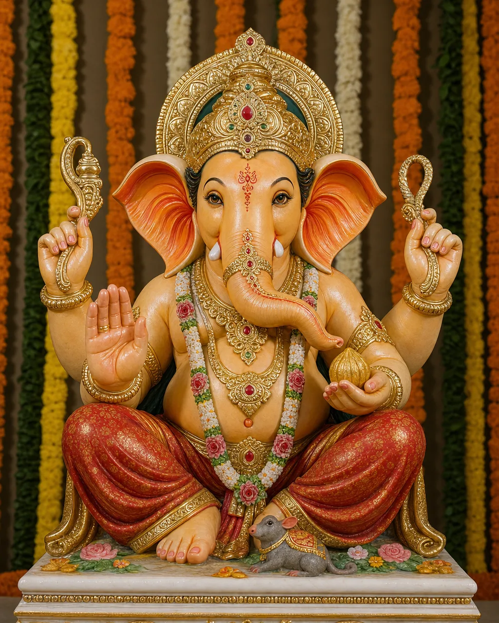 Makrana White Marble Dagdusheth Ganpati on Festival Mandap Base, 3 ft