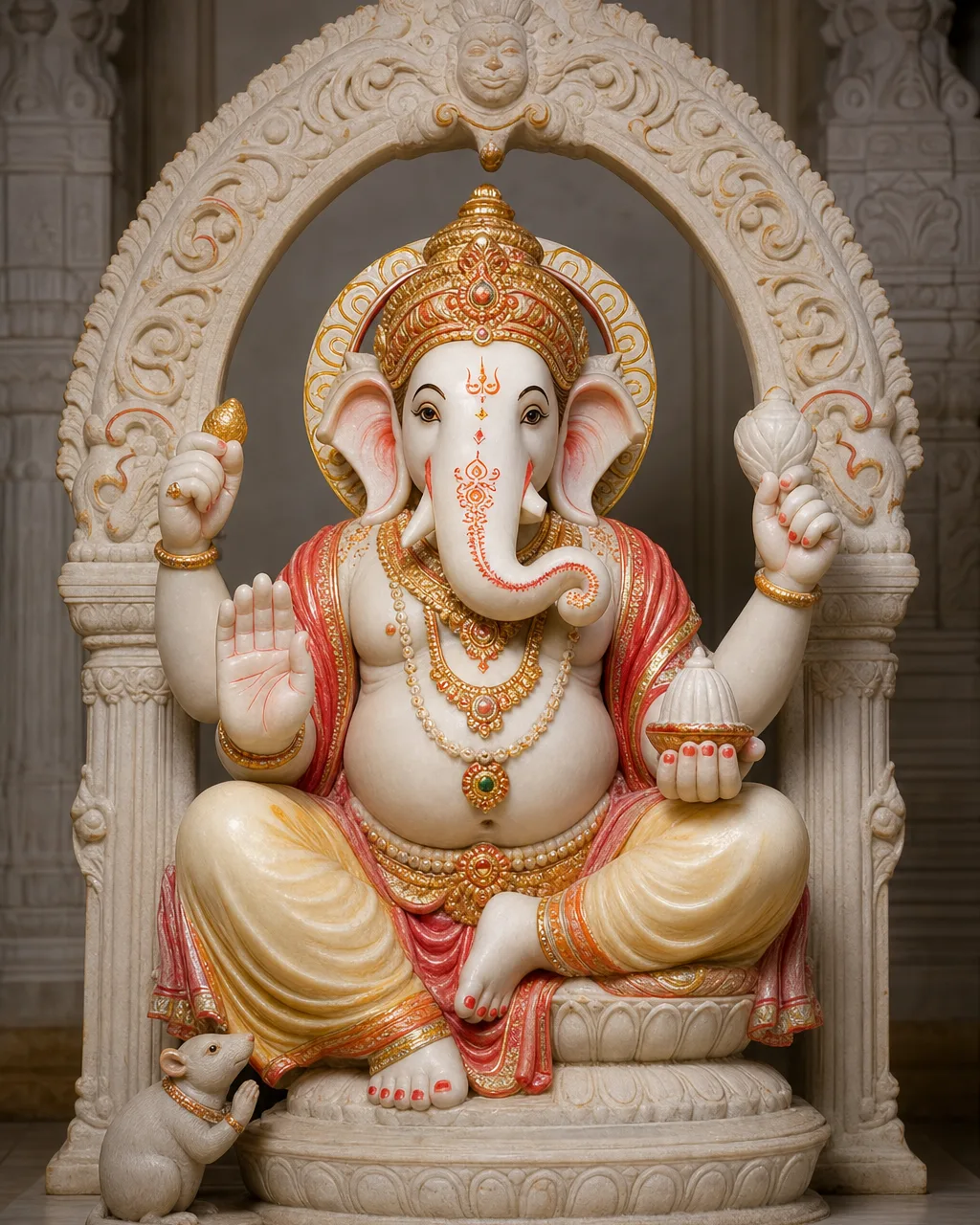 Makrana White Marble Dagdusheth Ganpati with Polychrome Finish and Prabhavali Arch, 24 in