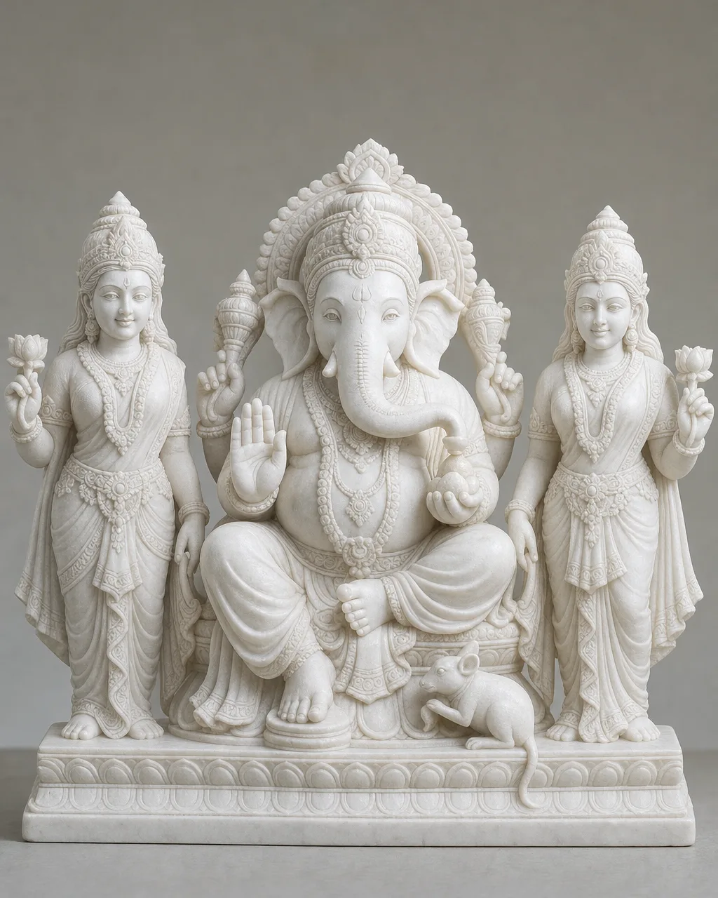 Makrana White Marble Ganesh with Riddhi and Siddhi, 24 in