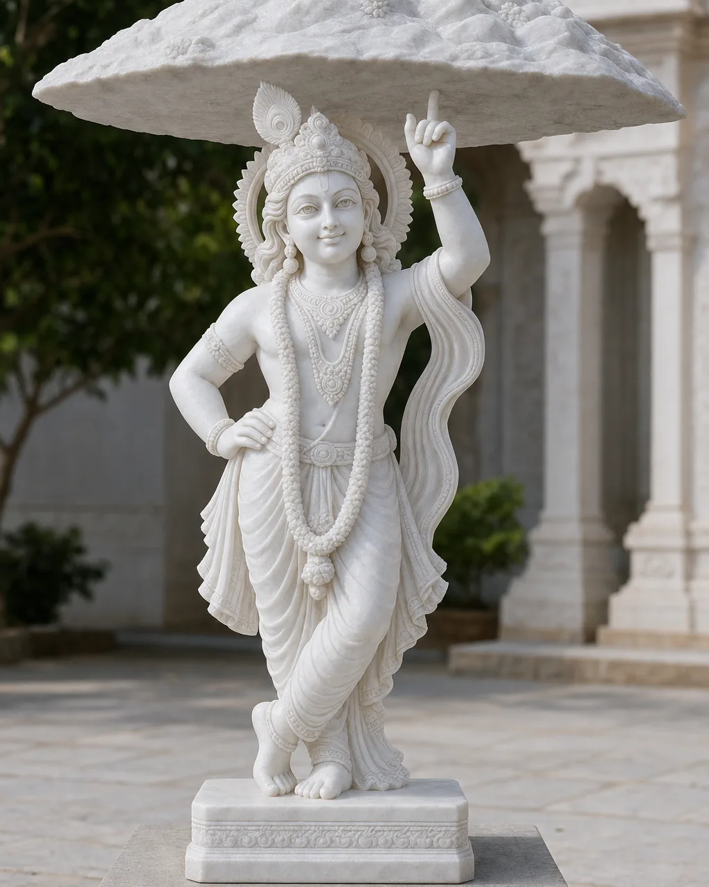Handcrafted Makrana White Marble Govardhan-dhari Krishna Statue, 3ft