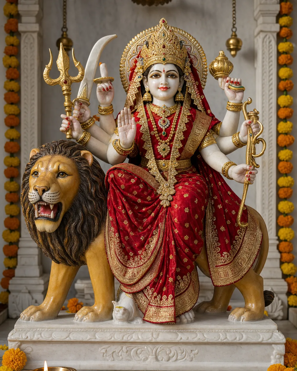 Handcrafted Makrana White Marble Hand-Painted Sherawali Durga Statue, 2ft
