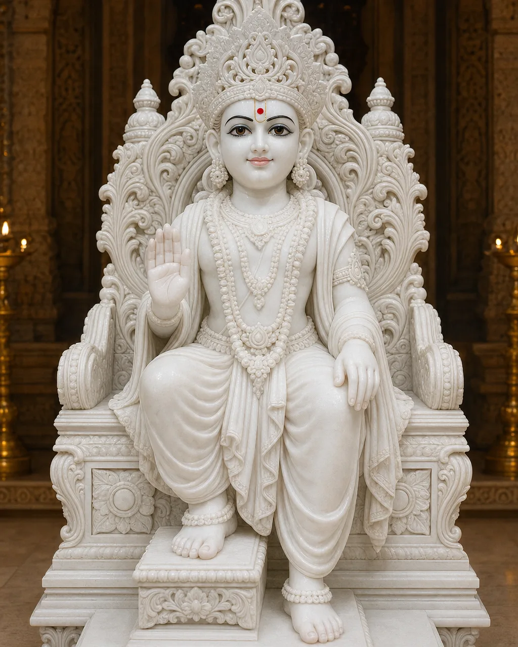 Handcrafted Makrana White Marble Harikrishna Maharaj Throne Murti, 36in