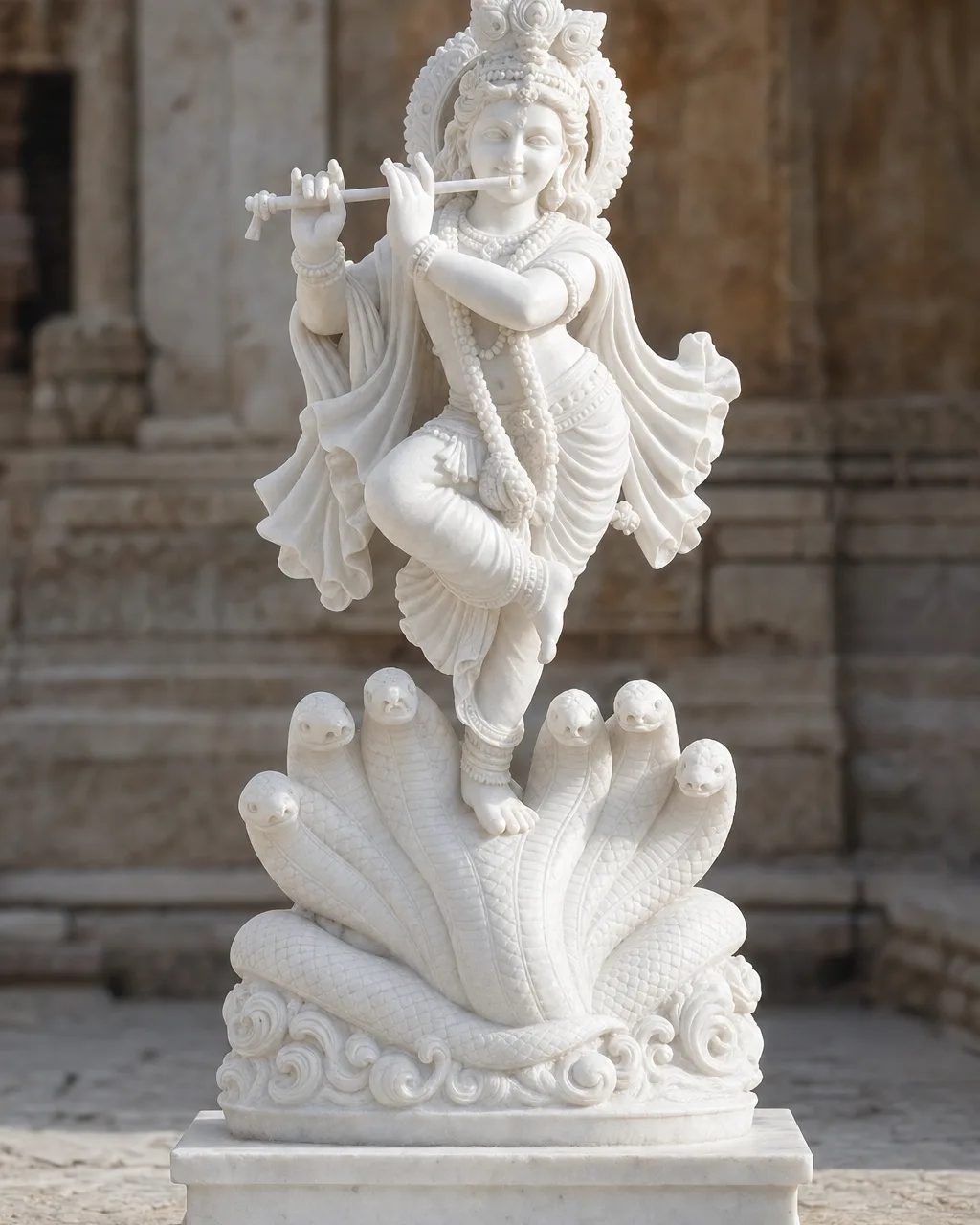 Handcrafted Makrana White Marble Kaliya Mardan Krishna Statue, 30-inch