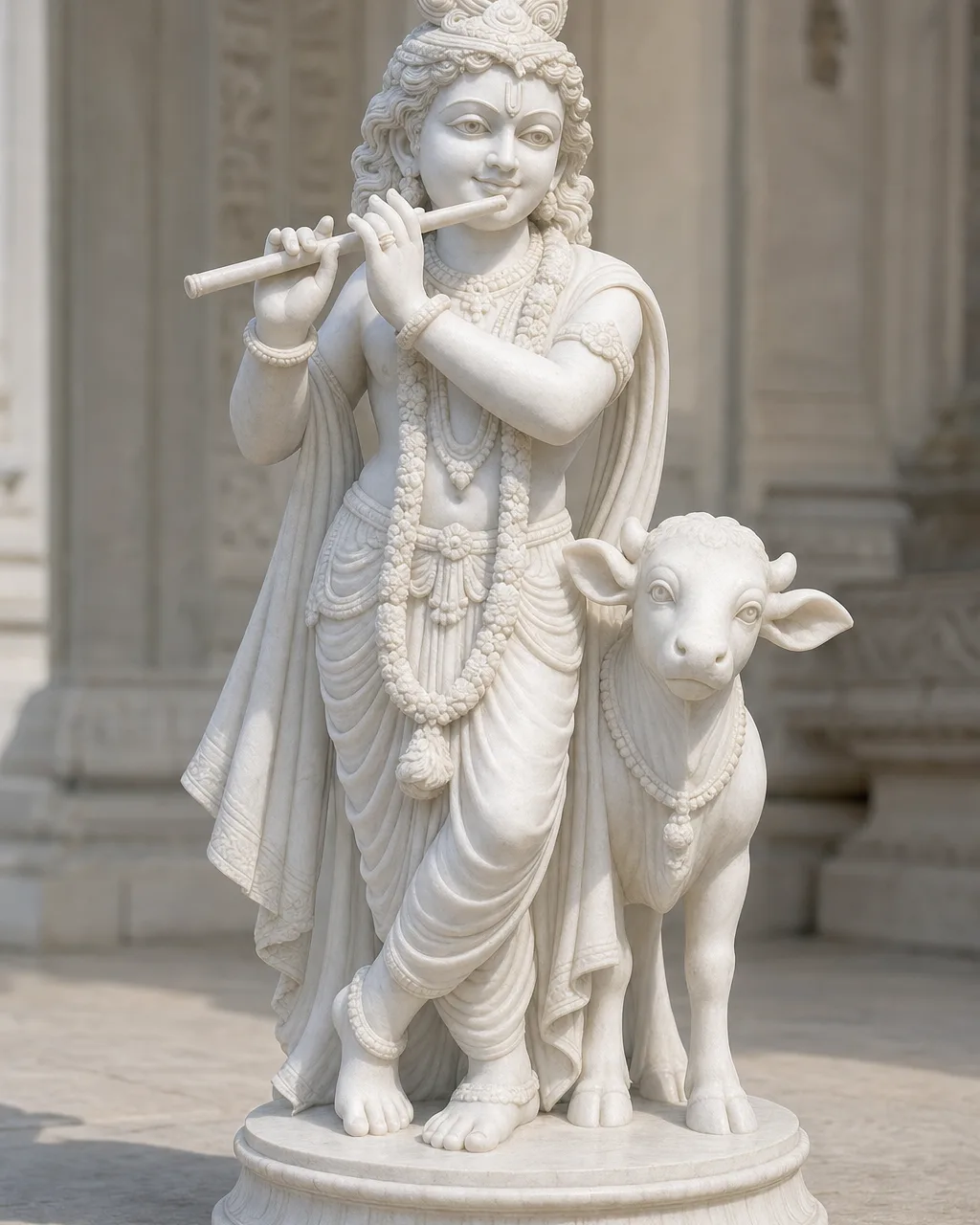 Handcrafted Makrana White Marble Gopala Krishna with Cow Statue, 3ft