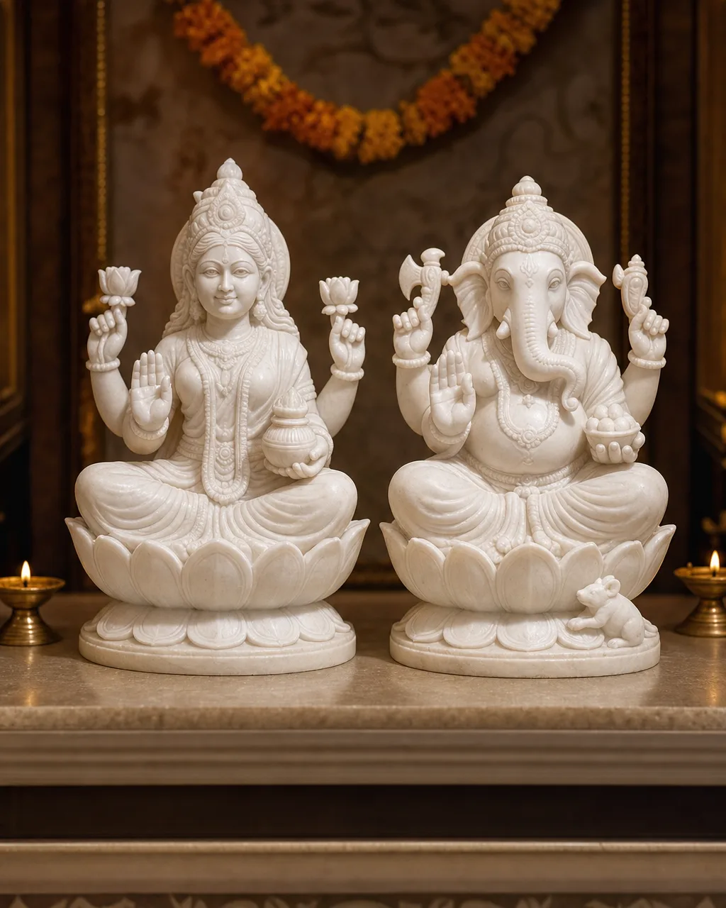 Handcrafted Makrana White Marble Lakshmi-Ganesh Pair on Lotus Thrones, 12in