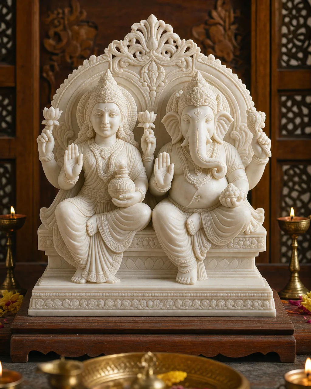 Handcrafted Makrana White Marble Lakshmi-Ganesh Pair on Shared Singhasan Throne, 24in