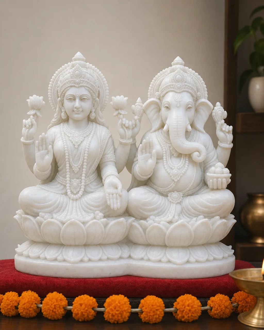 Handcrafted Makrana White Marble Lakshmi-Ganesh Pair on Shared Lotus Base, Compact 8in
