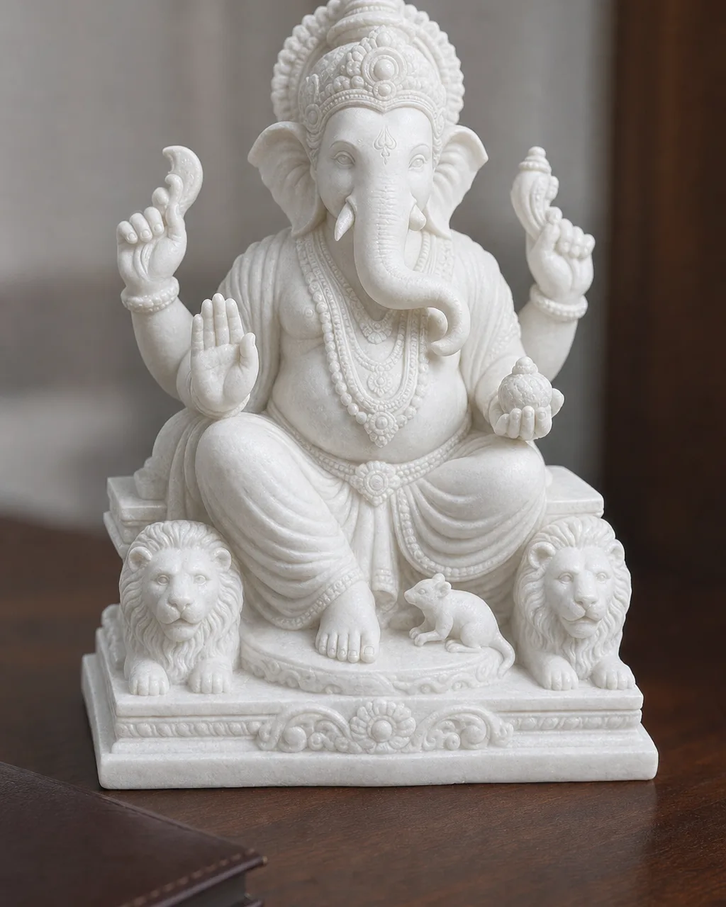 Makrana White Marble Lalbaugcha Raja for Desk and Office, 9 in