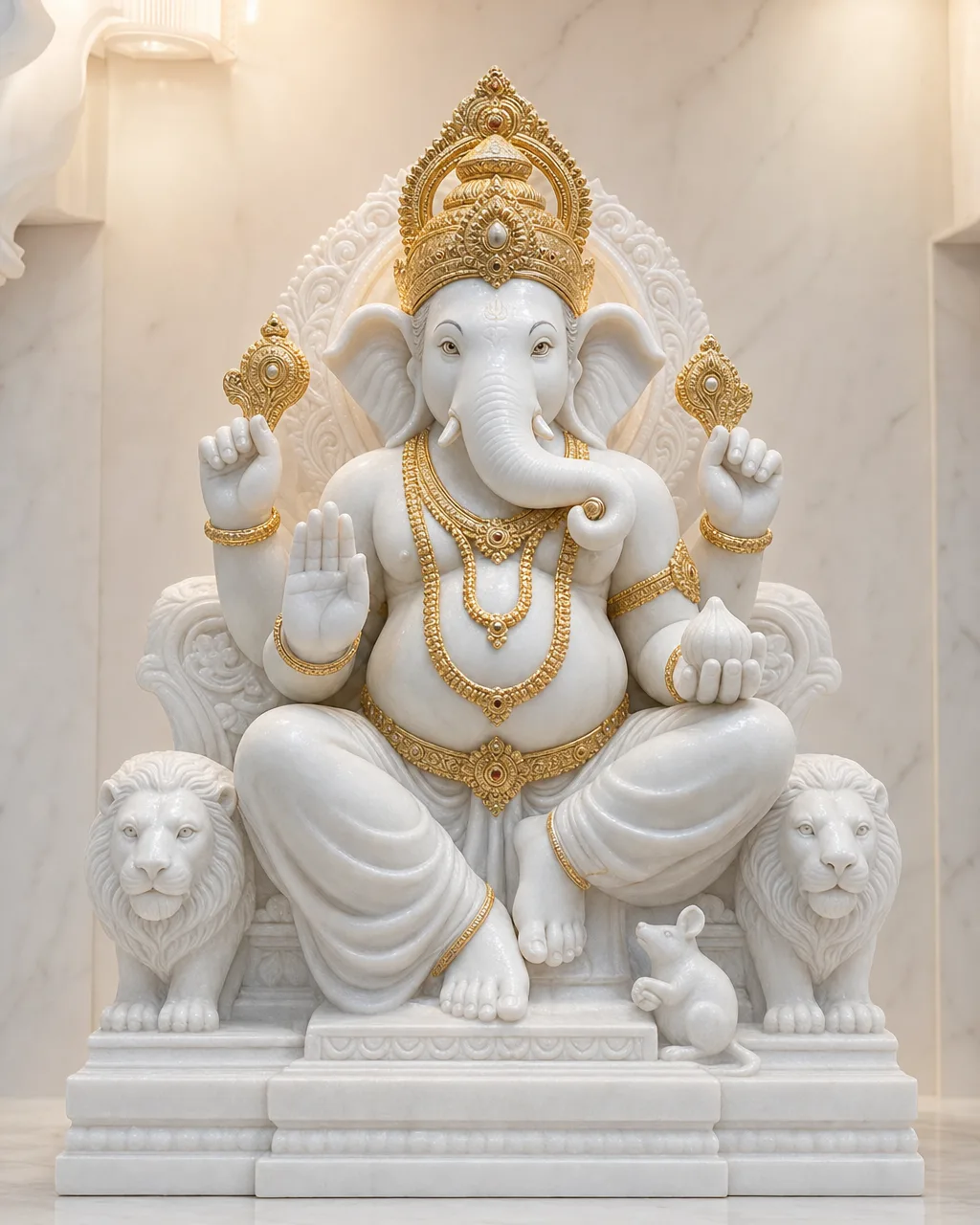 Makrana White Marble Lalbaugcha Raja with 22k Gold-Leaf Ornaments, 24 in
