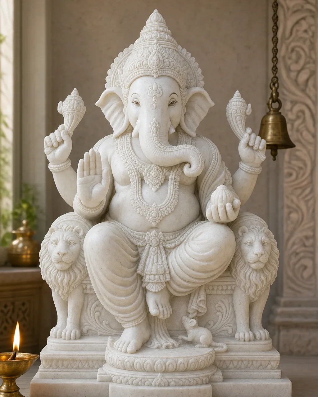 Makrana White Marble Lalbaugcha Raja Ganpati on Lion Throne, 18 in