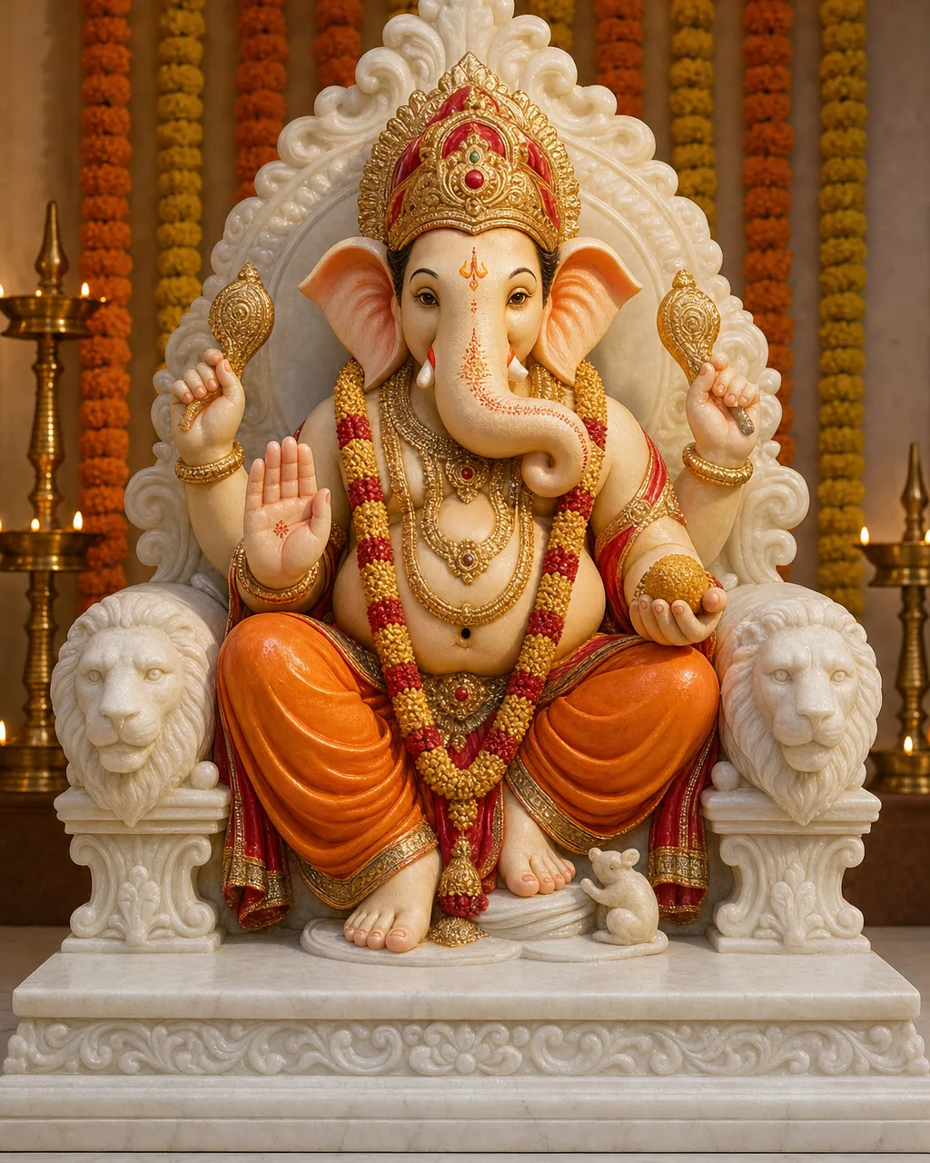Makrana White Marble Lalbaugcha Raja in Traditional Polychrome, 30 in