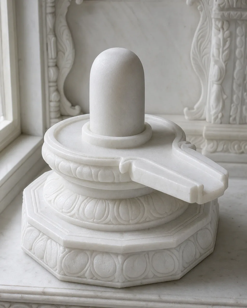 Handcrafted Makrana White Marble Shiva Lingam on Lotus Yoni Base, 30in