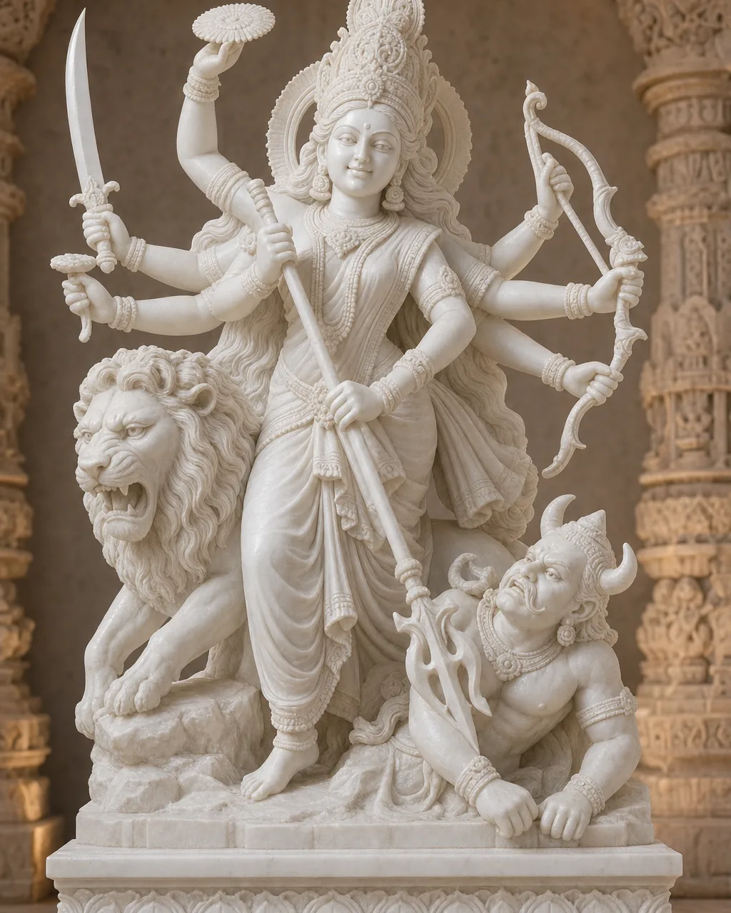 Handcrafted Makrana White Marble Mahishasura Mardini Durga Statue, 3ft