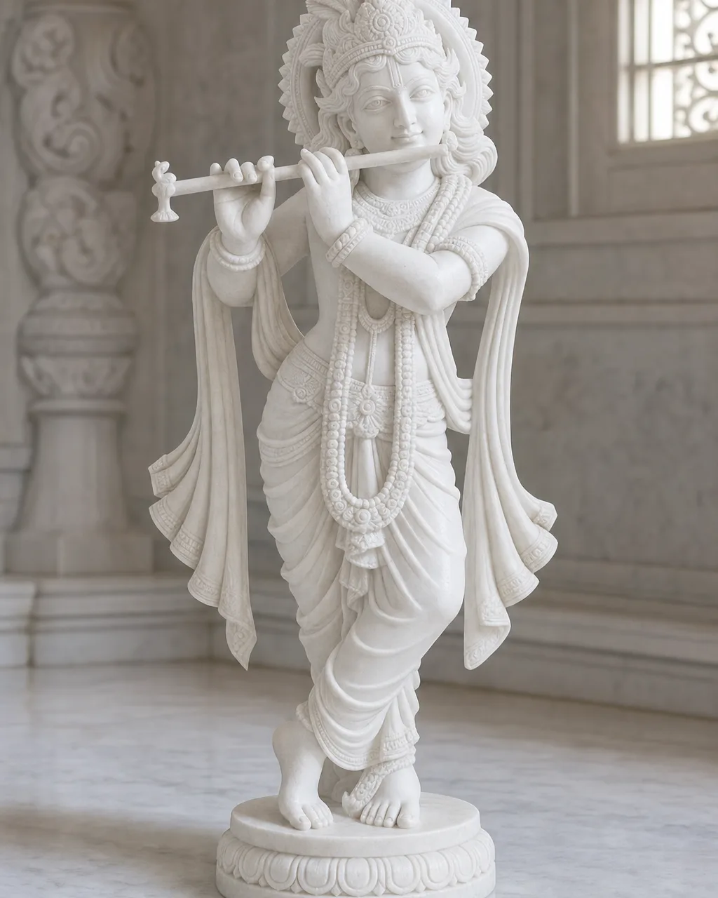 Handcrafted Makrana White Marble Murli Krishna Statue, 3ft