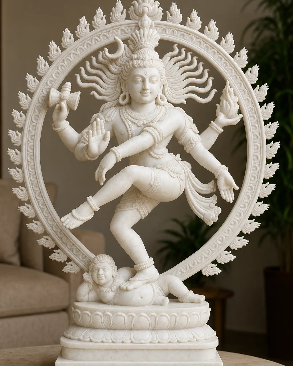 Handcrafted Makrana White Marble Nataraja in Ring of Fire, 36in