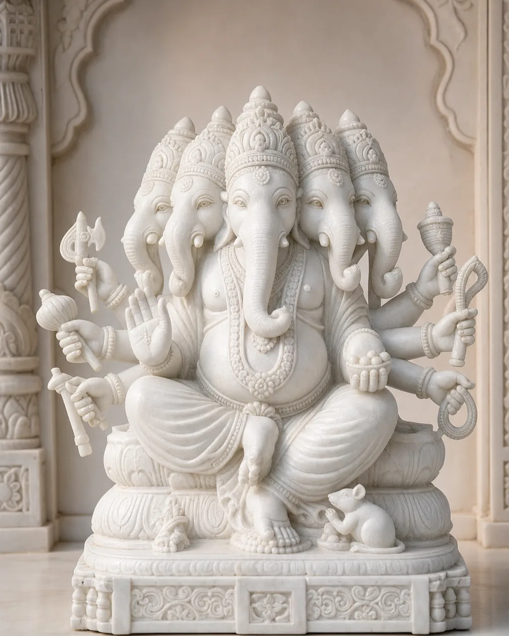 Handcrafted Makrana White Marble Panchmukhi Ganesh Statue, 24in