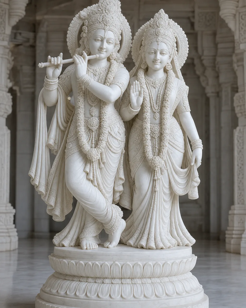 Handcrafted Makrana White Marble Radha Krishna Big Size Temple Pair, 4ft