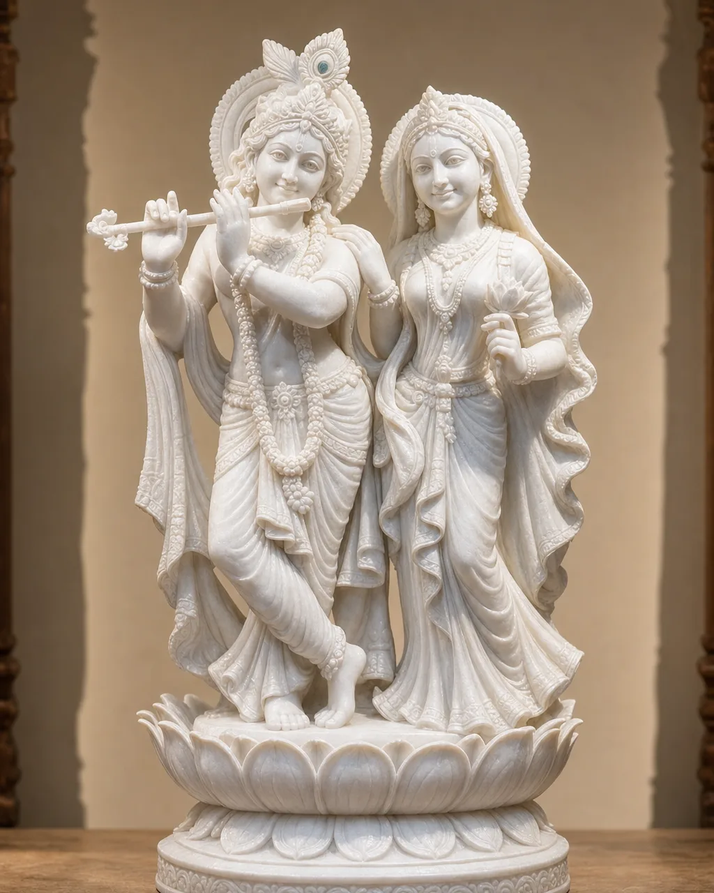 Handcrafted Makrana White Marble Radha Krishna Jugal Jodi on Lotus Base, 2ft