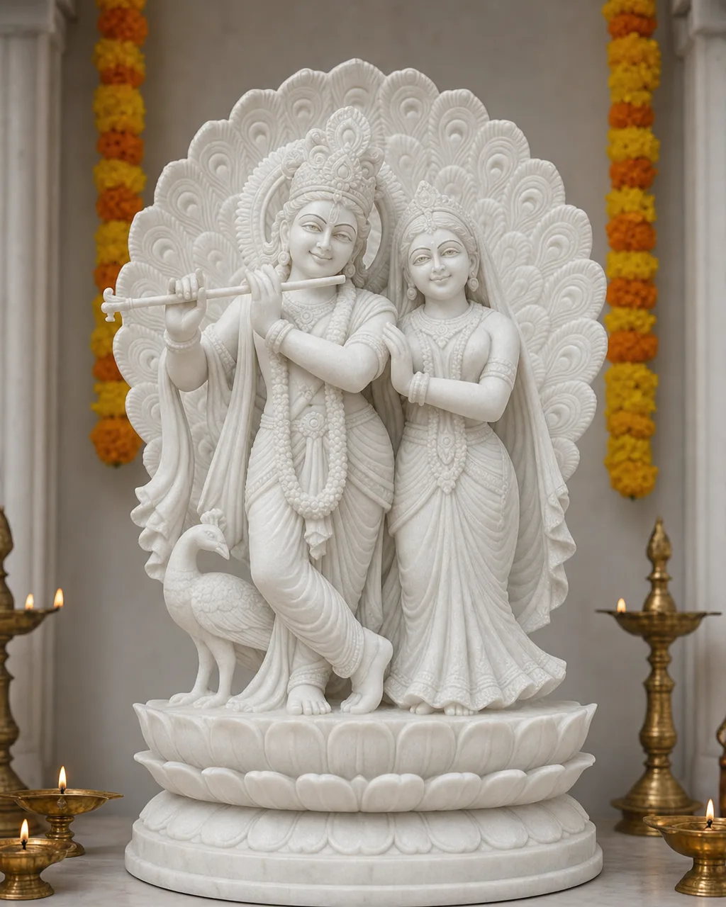 Handcrafted Makrana White Marble Radha Krishna with Peacock on Lotus Base, 18-inch