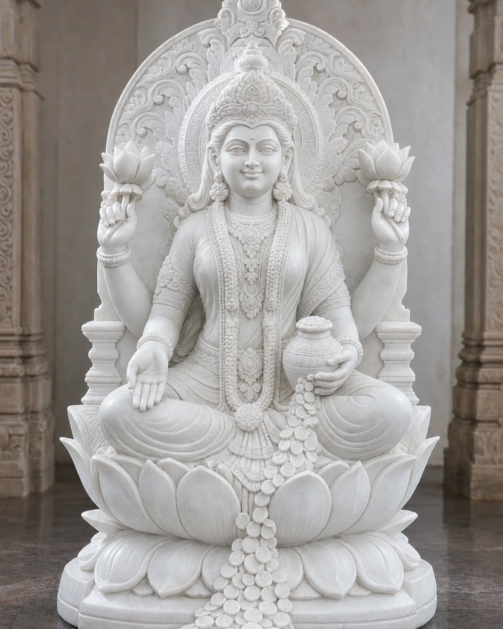 Makrana White Marble Rajlakshmi on Lotus Throne Statue, 48 in (4 ft)