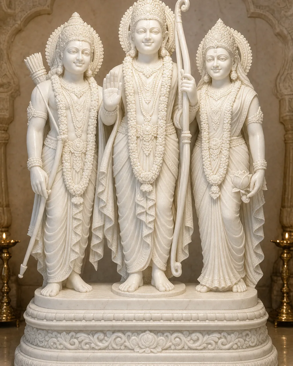 Handcrafted Makrana White Marble Ram-Sita-Lakshman Standing Trio, 3ft