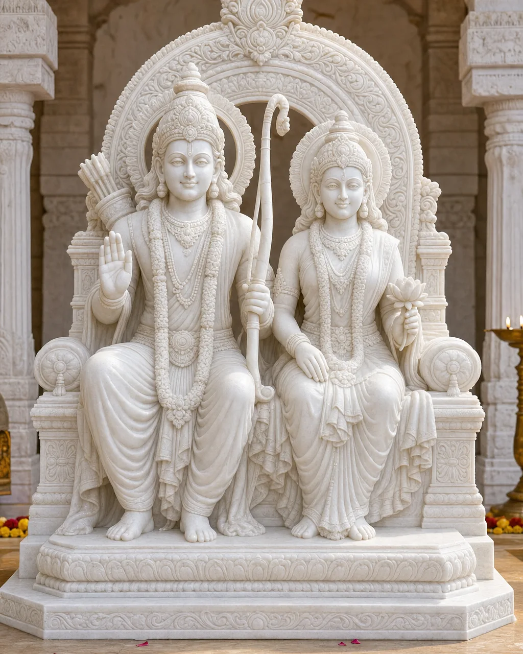 Handcrafted Makrana White Marble Ram-Sita Pattabhishekam (Coronation) Statue, 3ft