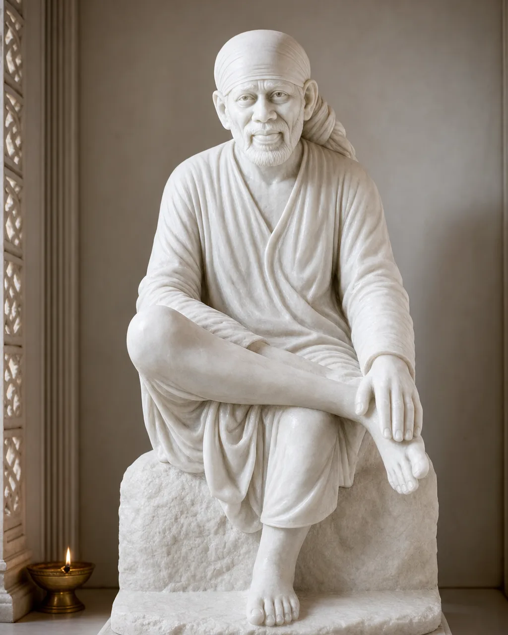 Makrana White Marble Shirdi Sai Baba on the Dwarkamai Stone, 24 in