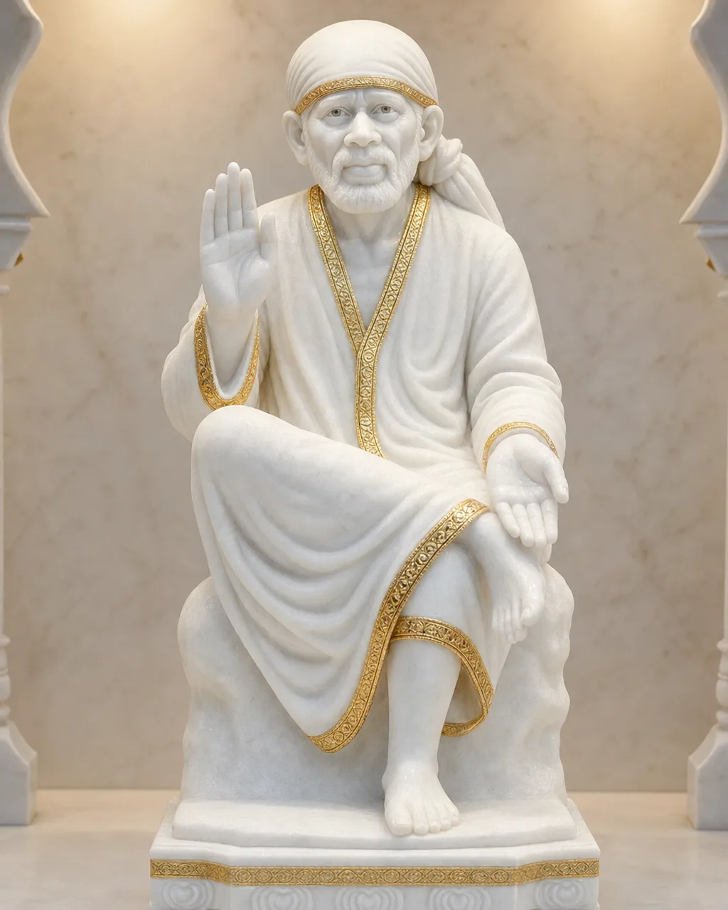 Makrana White Marble Sai Baba with 22k Gold-Leaf Kafni, 30 in