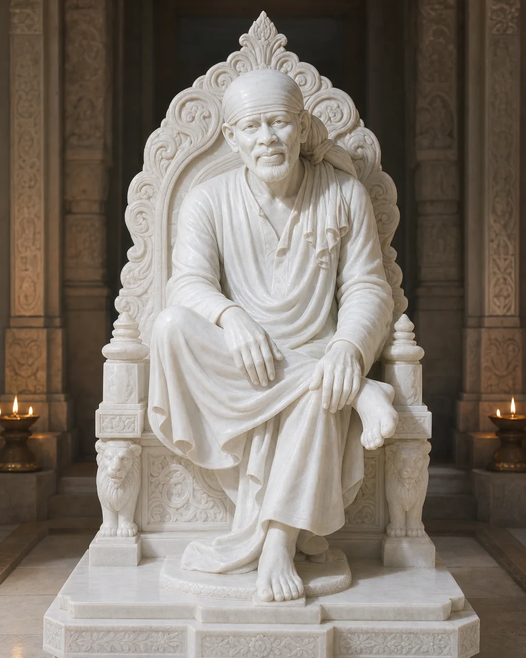 Makrana White Marble Sai Baba on Singhasan Throne, 66 in