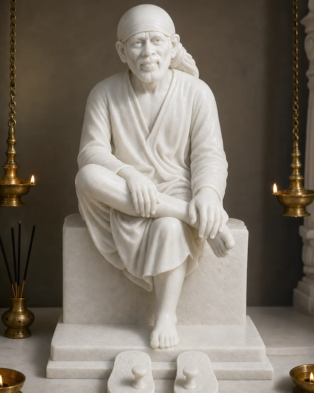Makrana White Marble Sai Baba with Carved Padukas, 12 in