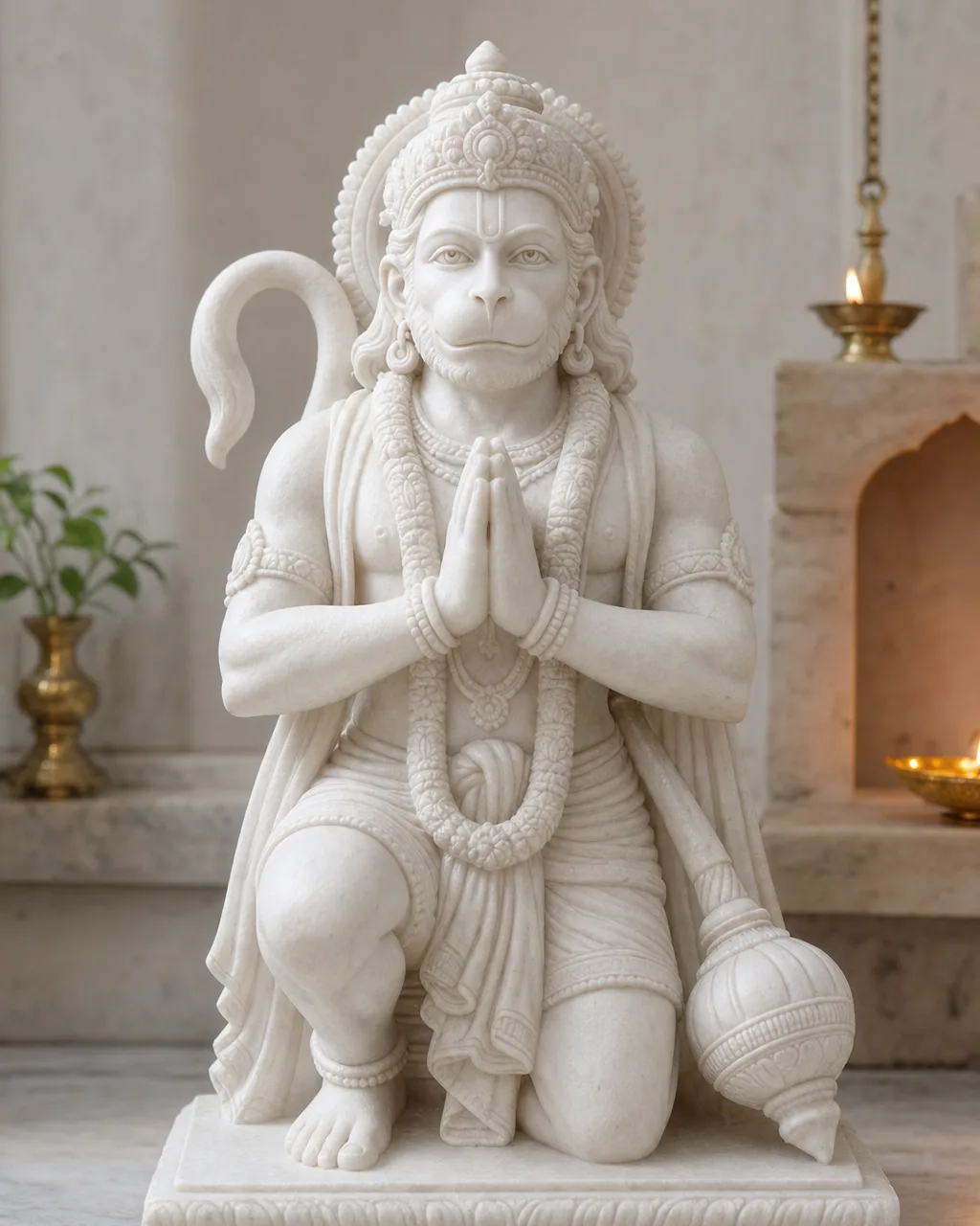 Makrana White Marble Sankat Mochan Hanuman Statue, Kneeling Devotion 18"