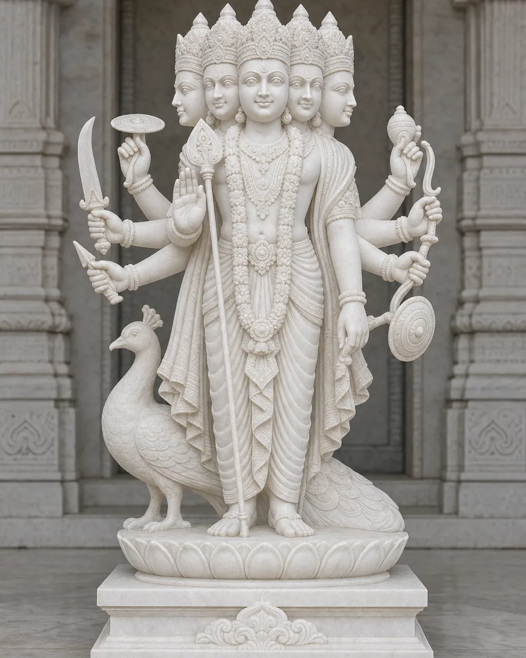 Handcrafted Makrana White Marble Shanmukha (Six-Faced) Murugan Statue, 3ft