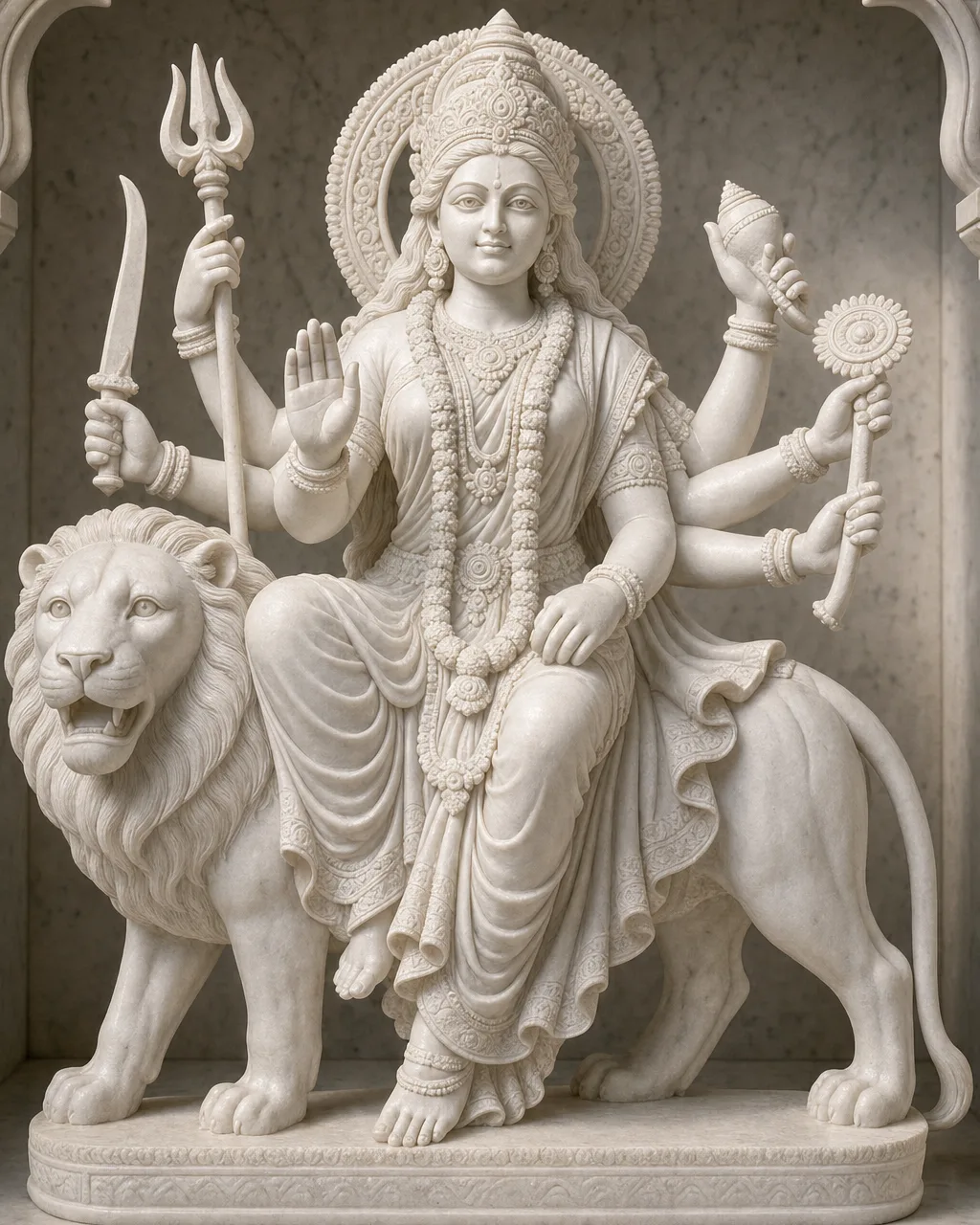 Handcrafted Makrana White Marble Sherawali Durga Statue on Lion, 2ft
