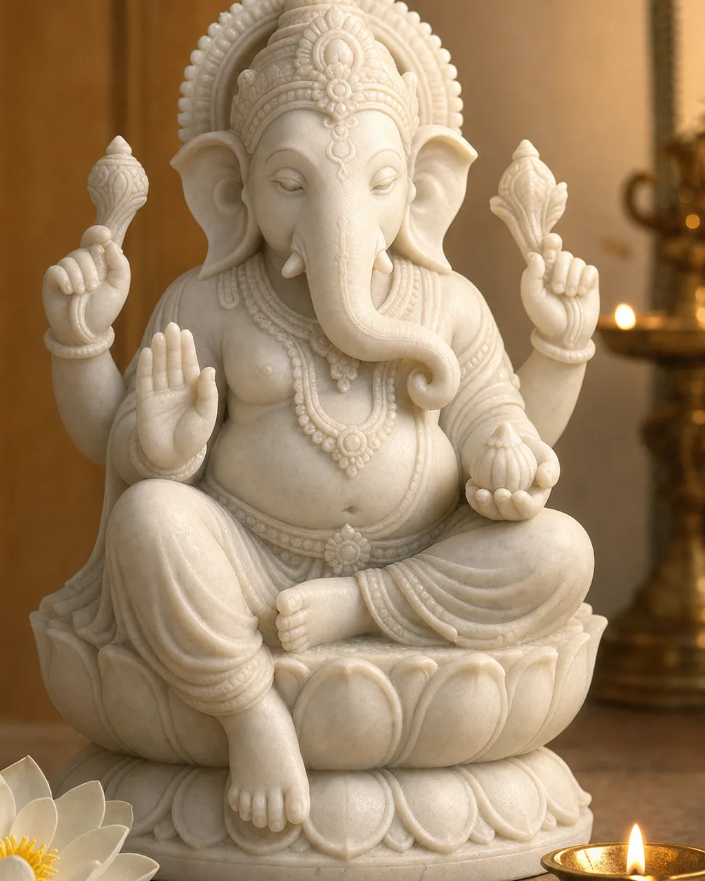 Handcrafted Makrana White Marble Sitting Ganesh with Modak, 18in