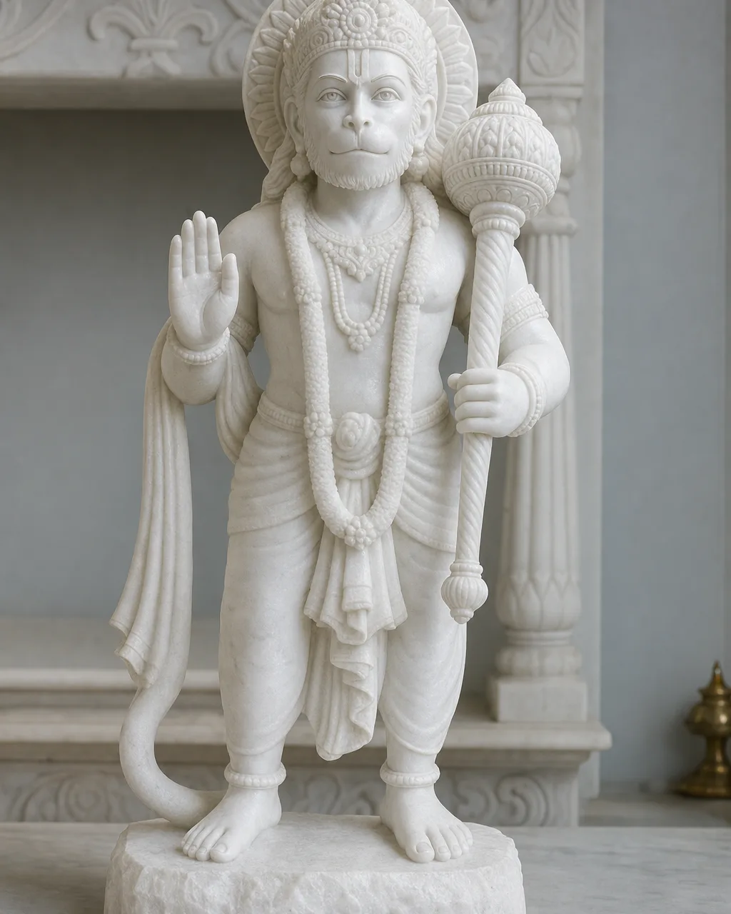 Makrana White Marble Standing Blessing Hanuman 24in