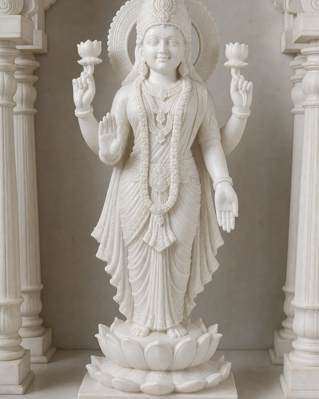 Makrana White Marble Standing Mahalakshmi on Lotus, 24 Inch