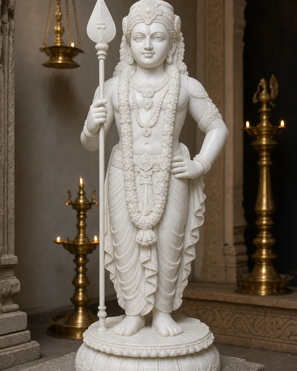 Handcrafted Makrana White Marble Standing Murugan Statue with Vel, 2ft