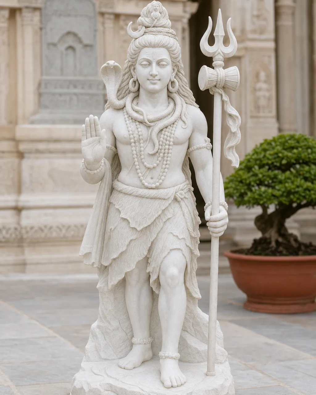Handcrafted Makrana White Marble Standing Shiva with Trishul, 48in