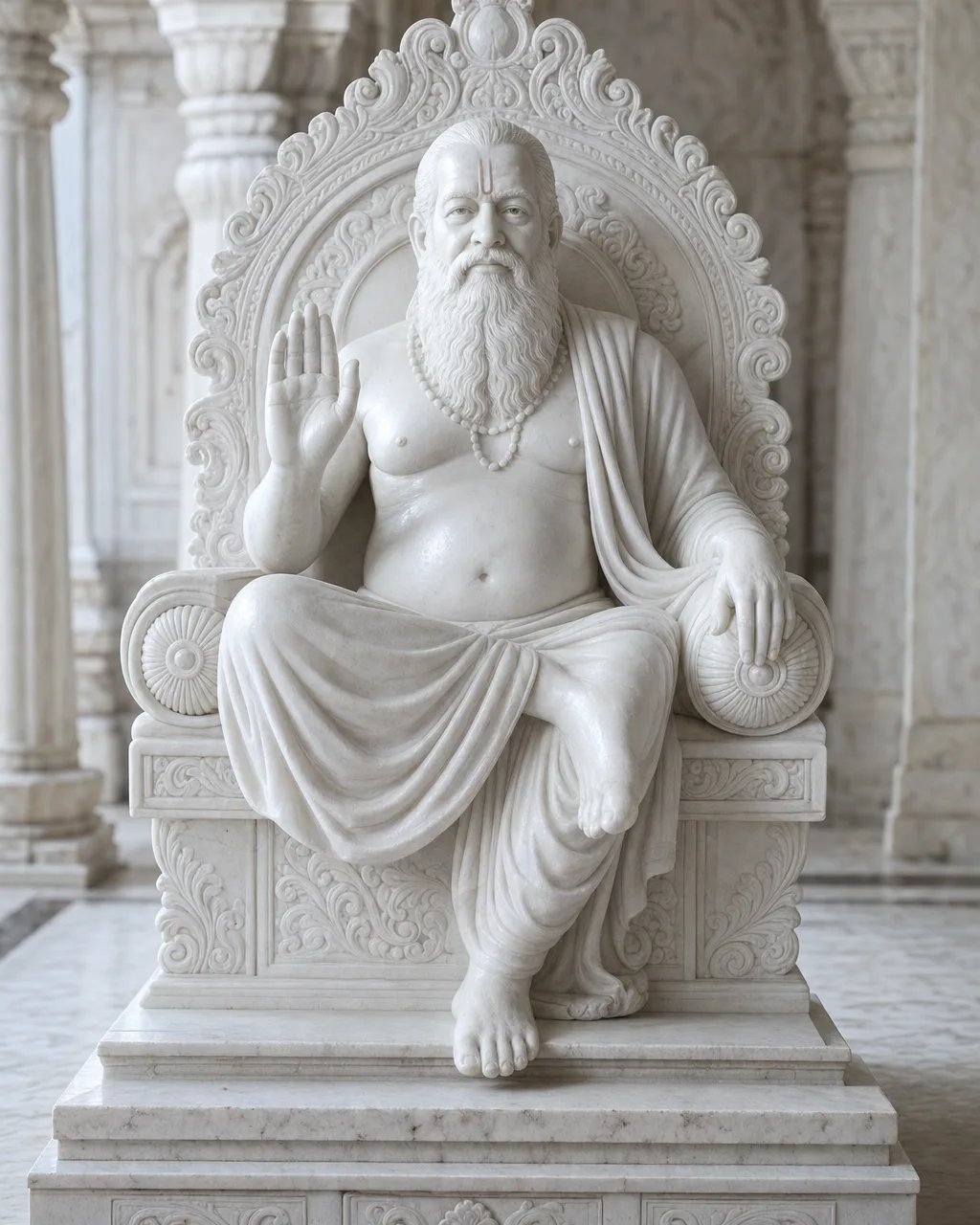 Handcrafted Makrana White Marble Swami Samarth on Throne, 3 ft