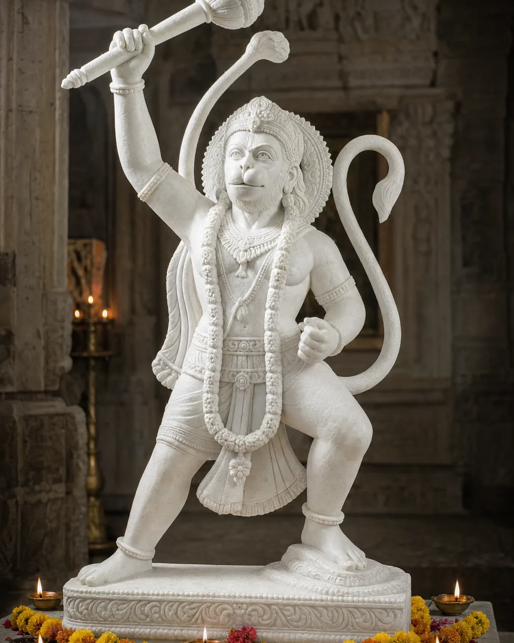 Makrana White Marble Veer Hanuman Statue with Gada, 4ft