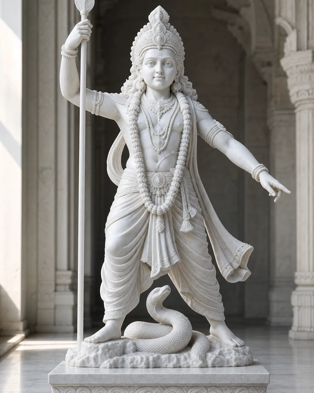 Handcrafted Makrana White Marble Warrior Murugan with Raised Vel Statue, 42in