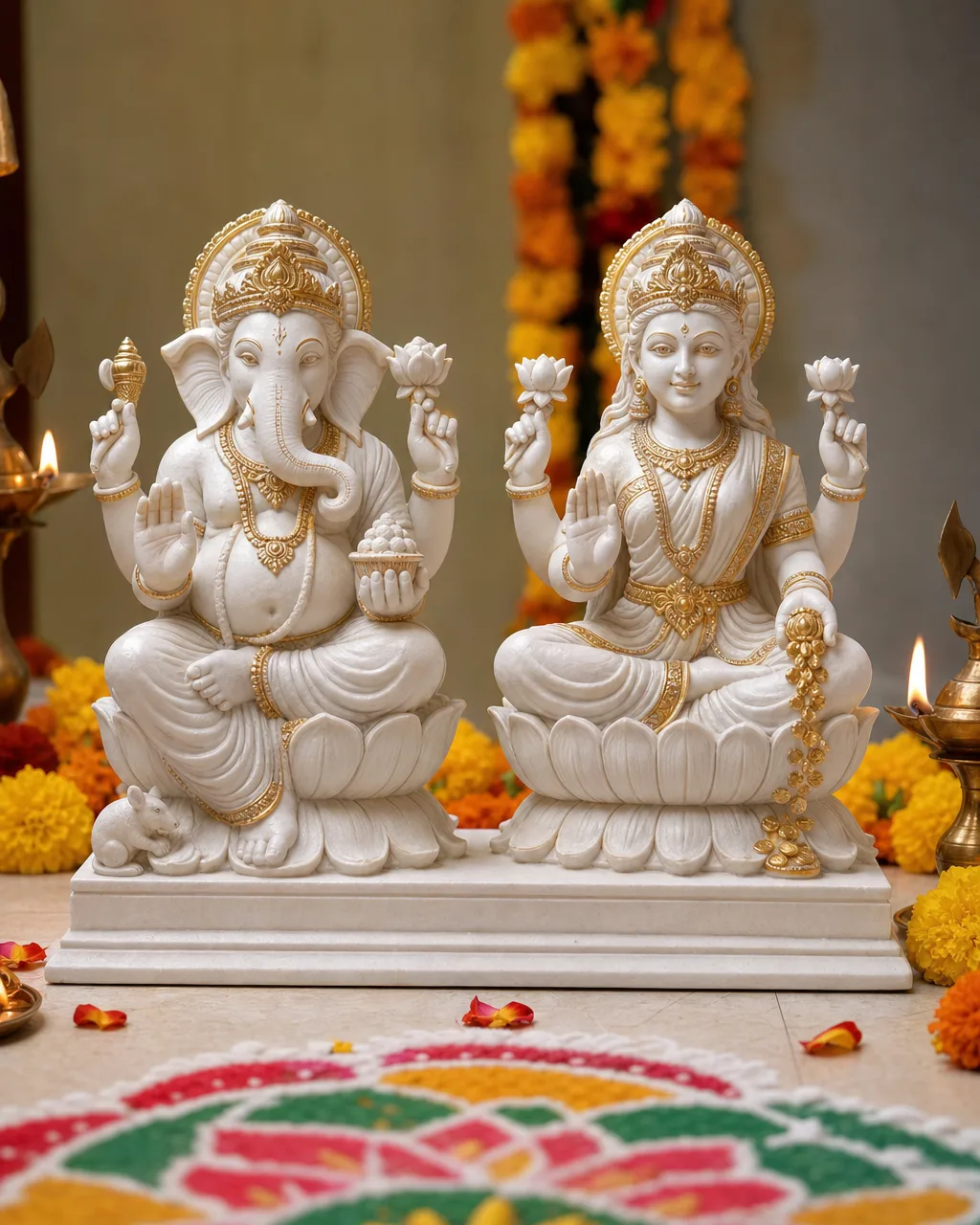 Handcrafted Marble Dust Composite Lakshmi-Ganesh Pair with Hand-Painted Gold Accents, 12in