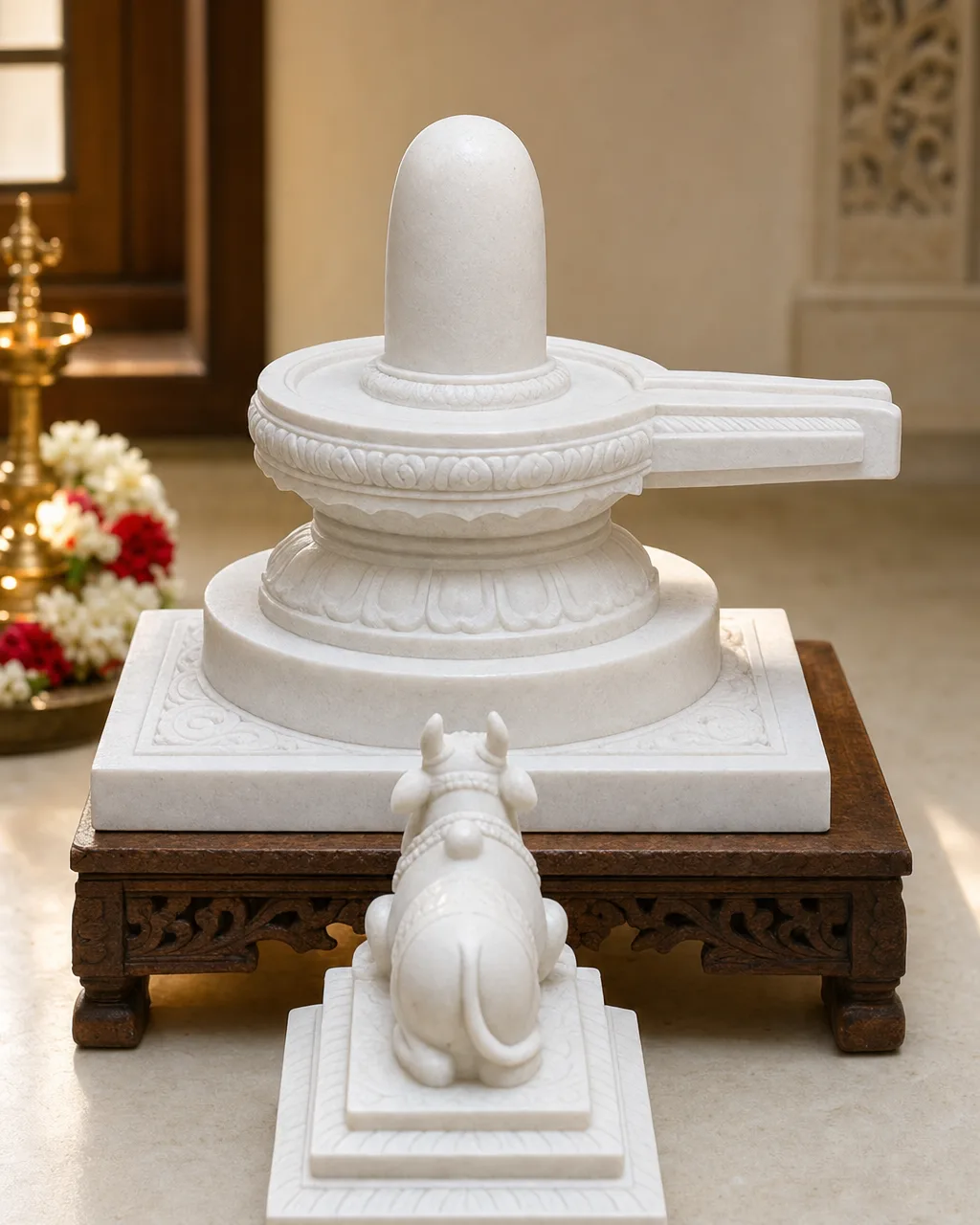 Handcrafted Marble Dust Shiva Lingam with Nandi Home-Shrine Set, 24in