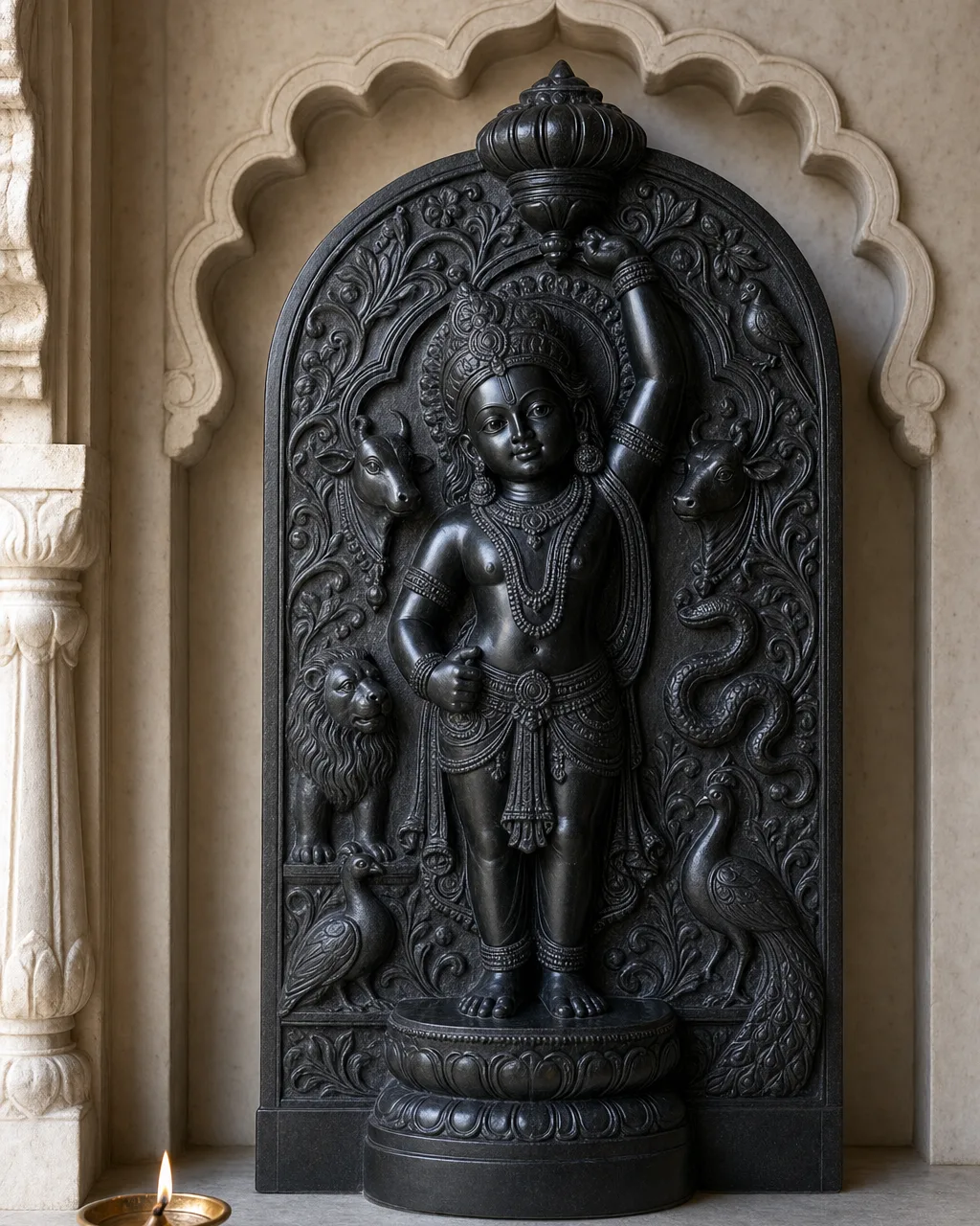 Nathdwara Shrinathji Murti in Black Marble with Carved Stele, 18 in