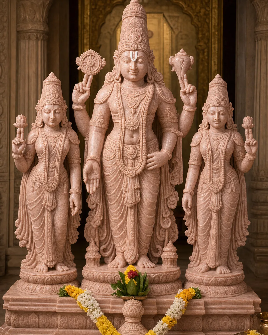 Handcrafted Pink Marble Kalyana Venkateswara Statue (Srinivasa Kalyanam), 30in