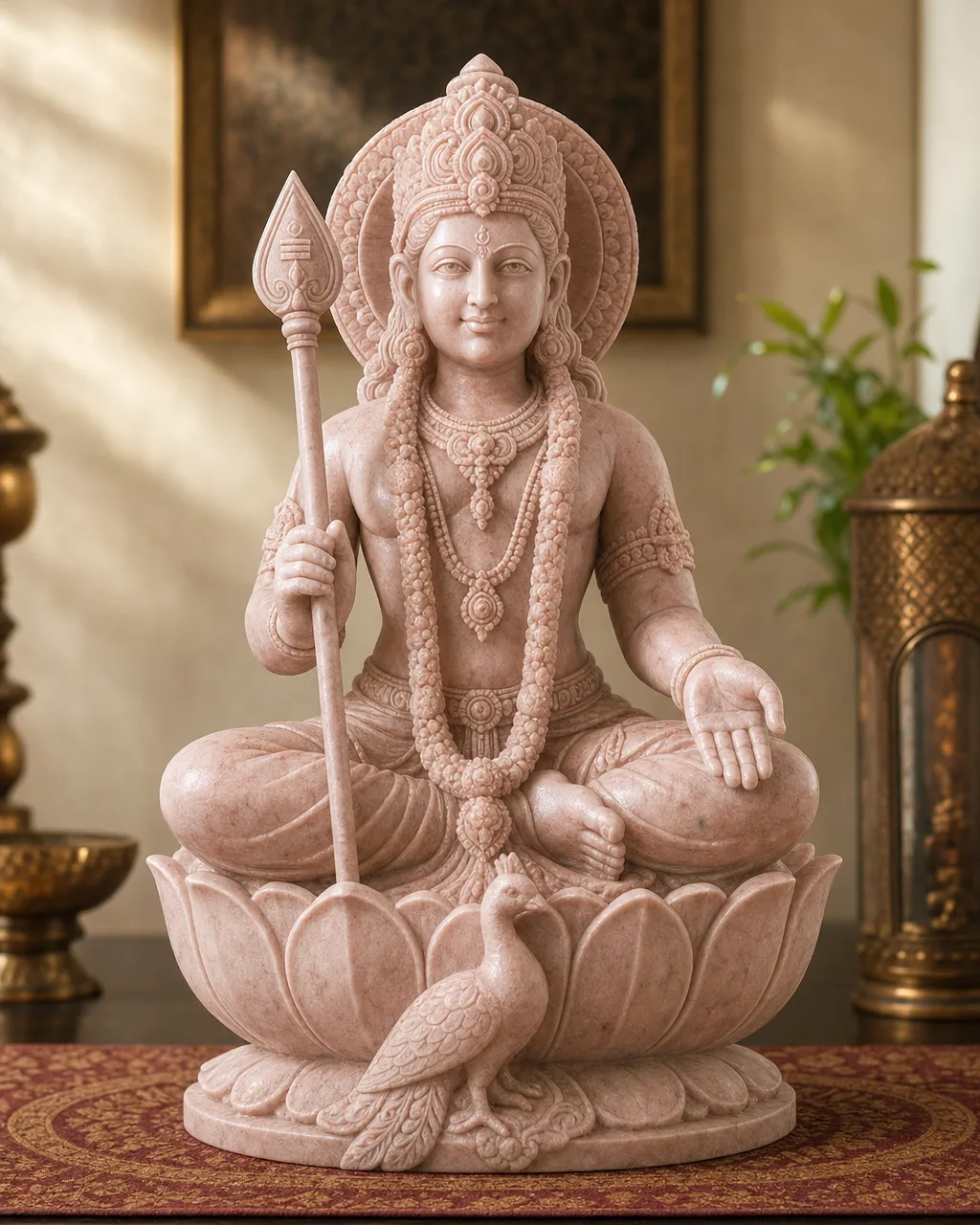 Handcrafted Pink Marble Seated Murugan on Lotus Statue, 20in