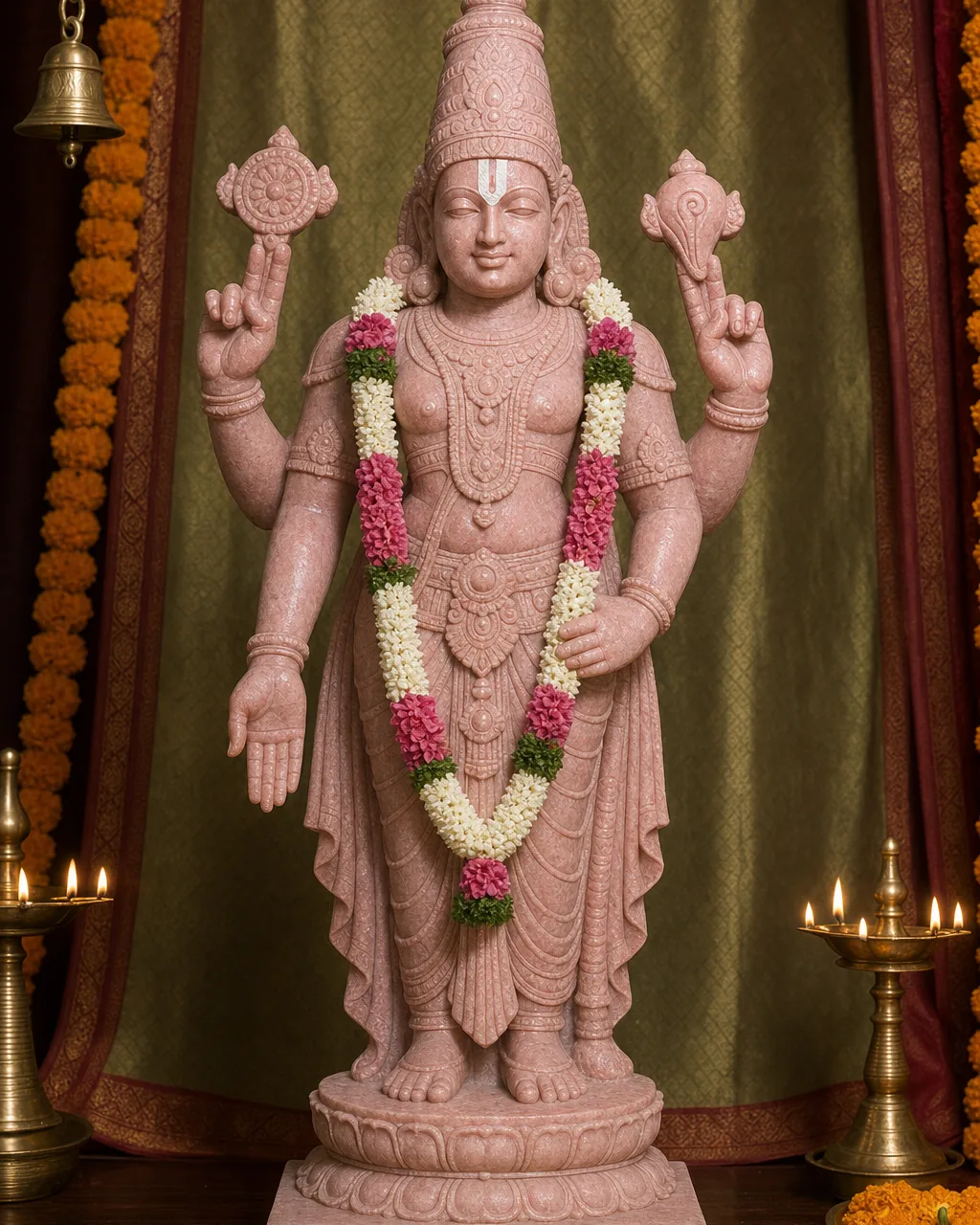 Handcrafted Pink Marble Venkateswara Statue with Alankaram, 2ft